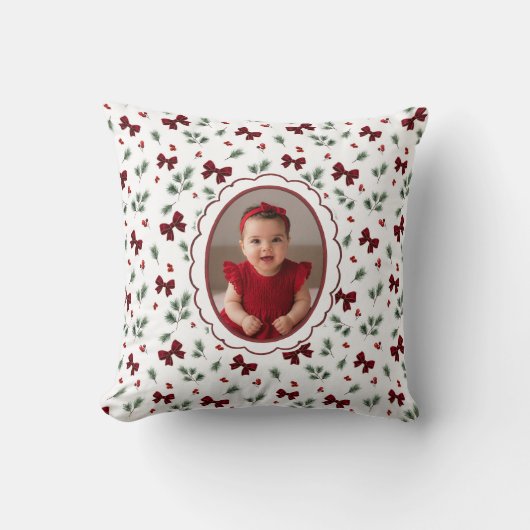 Coussin Noël Guirlande Verte Ruban Rouge (Recto)