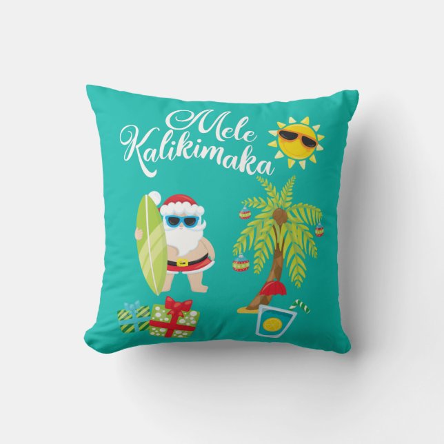 Coussin Noël hawaïen. Le père noël Mele Kalikimaka. (Recto)