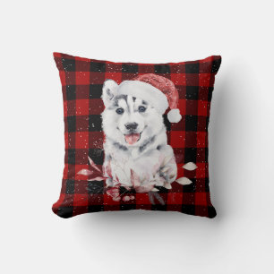 Coussin Noël Husky sur Buffalo Plaid
