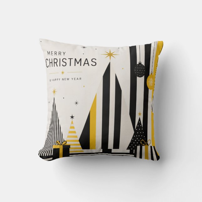Coussin Noël moderne jaune noir et blanc (Recto)