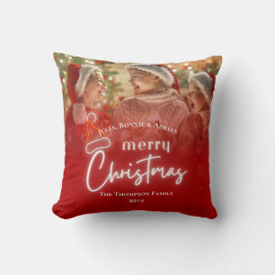Coussin Noël Moderne Rouge Personnalisé 2 Photos de Famill