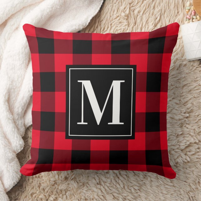 Coussin Noël Monogramme Plaid Rouge Noir Bold Buffalo (Couverture)
