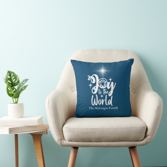 Coussin Noël Nativité Joie au monde Bleu & Blanc (Chaise)