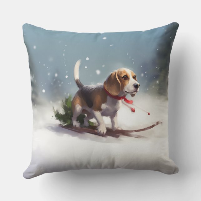 Coussin Noël neige hiver Beagle (Verso)