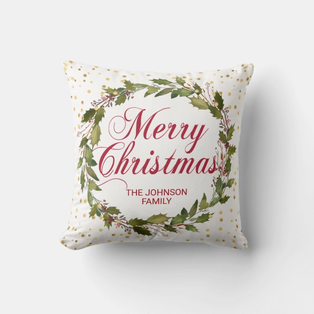 Coussin Noël personnalisé de guirlande de houx d'aquarelle (Recto)