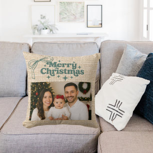 Coussin Noël photo beige avec un nœud en toile de jute des