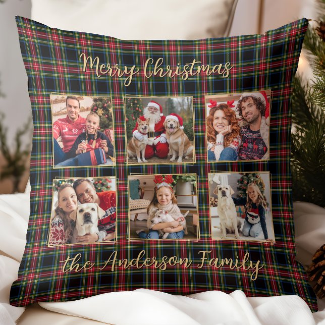 Coussin Noël Plaid Custom Gold 6 Photo Collage Famille (Créateur téléchargé)