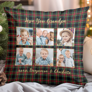 Coussin Noël Plaid Custom Gold Photo Collage Grand-père
