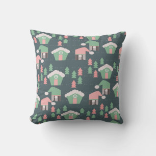 Coussin Noël rose Gnome Village Maisons en pain d'épice
