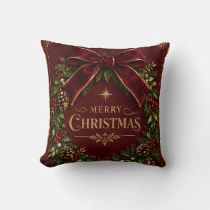 Coussin Noël Ruban en Velours Élégant, Botanique Luxueuse
