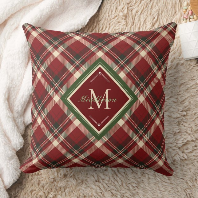 Coussin Noël Russe Plaid Rouge Monogramme Nom Fête (Couverture)