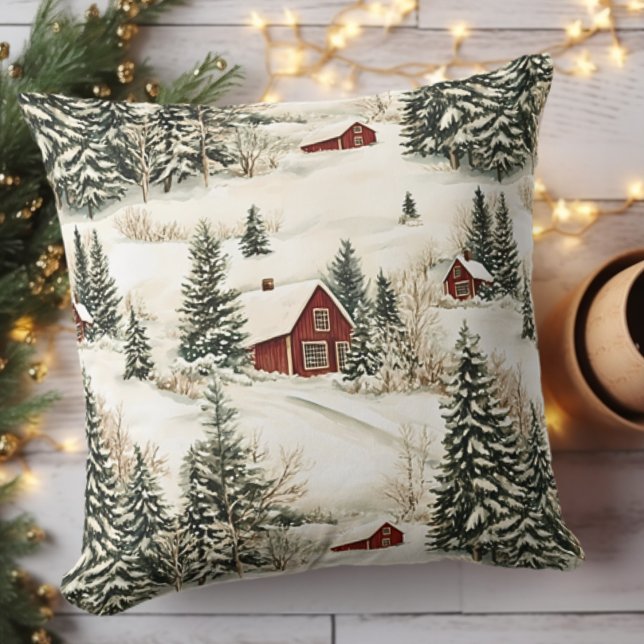 Coussin Noël rustique des bois d'hiver (Rustic Winter Woodland Christmas Throw Pillow - Seasonal Decor)