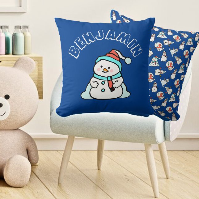 Coussin Noël Snowman Nom des garçons | Bleu (Front And Back - Boys Playroom)