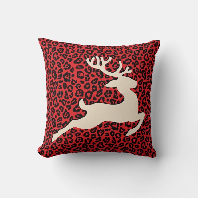 Coussin Noël Vacances Cerf Rouge Noir Empreinte de léopard (Recto)