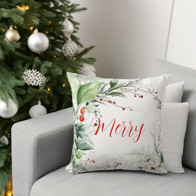 Coussin Noël Vert de Noël Aquarelle Festive (Festive Watercolor Greenery Christmas Merry Throw Pillow)