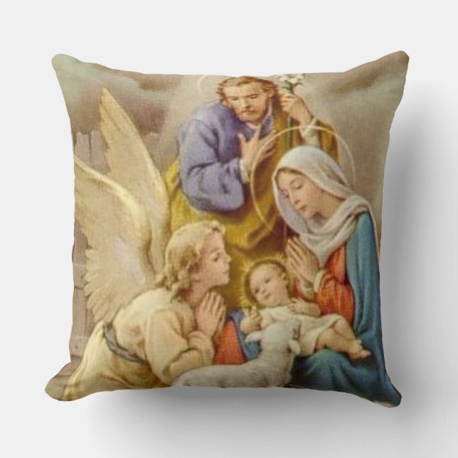 Coussin Noël Vierge Marie, St Joseph, Jésus, et ange (Recto)
