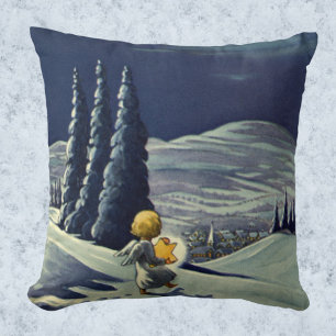 Coussin Noël vintage, ange de neige marchant avec une étoi