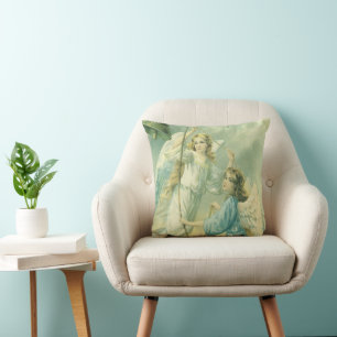 Coussin Noël vintage, anges victoriens avec une cloche