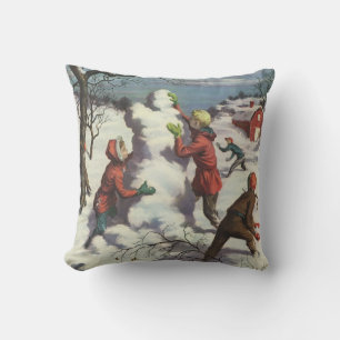 Coussin Noël vintage, bataille de boules de neige entre en
