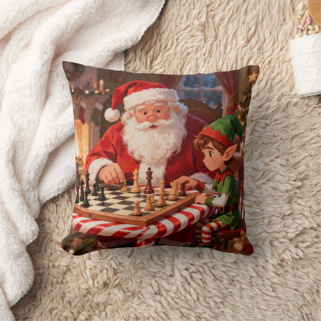 Coussin Noël vintage cosy : Santa et lutin jouant aux éche (Couverture)