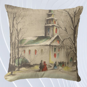 Coussin Noël vintage, église dans un paysage enneigé d'hiv