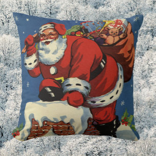 Coussin Noël vintage, le Père Noël descend par la cheminée