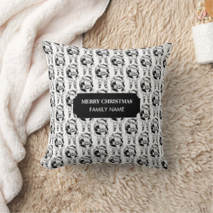 Coussin Noël Vintage noir blanc Père Noël Nom personnalisé