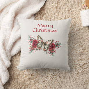 Coussin Noël Vintage Papillon Poinsettia Fête