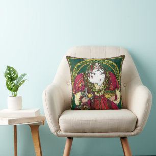 Coussin Noël vintage, Père Noël avec feuilles de houx