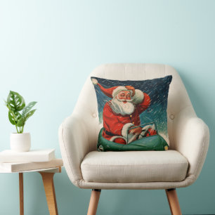 Coussin Noël vintage, Père Noël dans une voiture mignonne