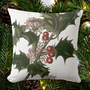 Coussin Noël vintage, plante de houx vert avec des baies