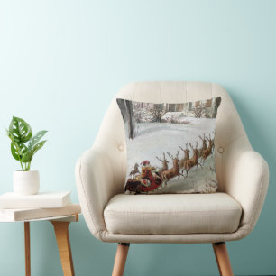 Coussin Noël vintage, Saint Nicolas avec rennes