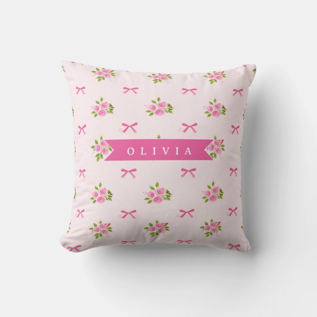 Coussin Nœud Floral Féminin Coquette Rose Personnalisé (Recto)