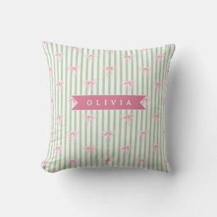 Coussin Nœud Rose Personnalisé Rayure Verte Coquette Prépa