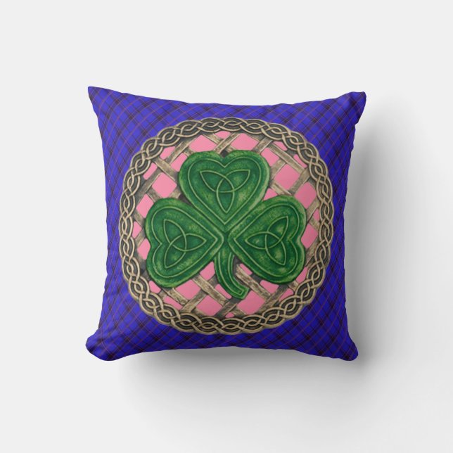 Coussin Noeuds Celtiques Shamrocks Rose Sur Plaid Bleu (Recto)