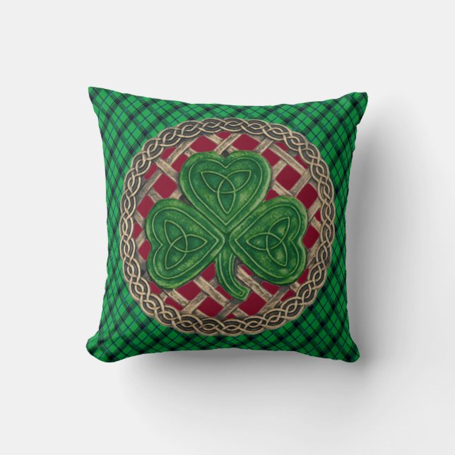 Coussin Noeuds Celtiques Shamrocks Rouges Sur Plaid Vert (Recto)