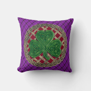 Coussin Noeuds Celtiques Shamrocks Rouges Sur Plaid Violet