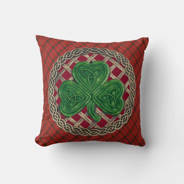 Coussin Noeuds Celtiques Shamrocks Rouges Sur Plaqué Rouge (Recto)
