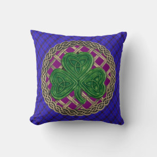 Coussin Noeuds Celtiques Shamrocks Violets Sur Plaid Bleu