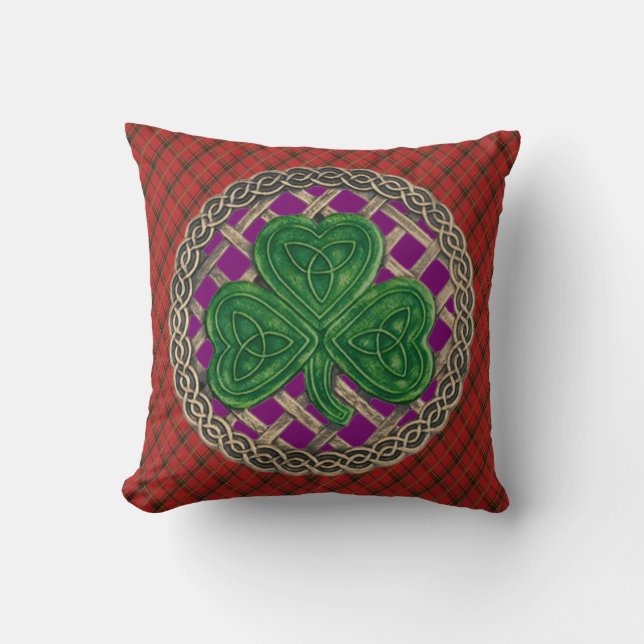 Coussin Noeuds Celtiques Shamrocks Violets Sur Plaid Rouge (Recto)