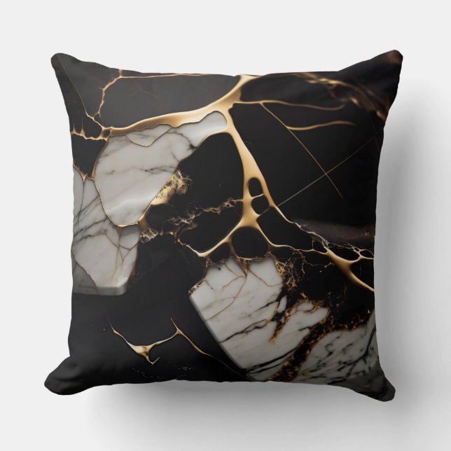 Coussin Noir avec Marbre blanc et or Abstrait (Recto)