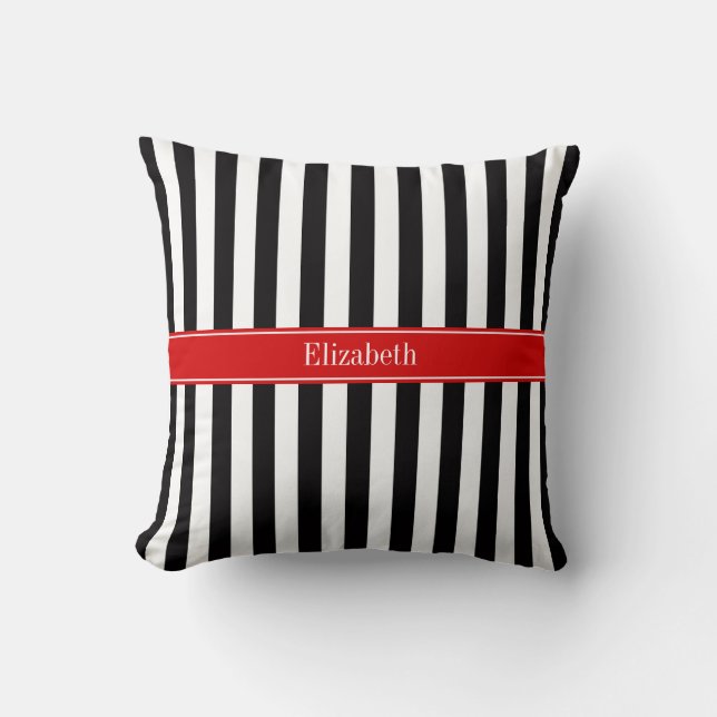 Coussin Noir blanc bande rouge Nom du ruban Monogramme (Recto)