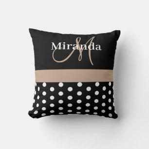 Coussin Noir Blanc Beige Monogramme Écriture Points Polka
