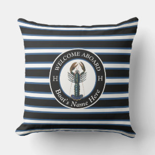 Coussin Noir Blanc Bleu Stripe Nom du bateau Homard Bienve