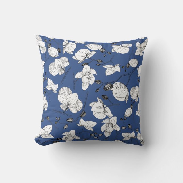 Coussin Noir & blanc élégant orchidée floral moderne bleu (Recto)