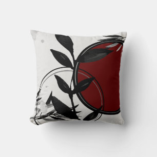 Coussin Noir Blanc et Bourgogne Rouge Feuilles d'aquarelle