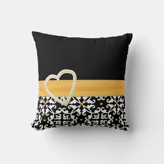 Coussin noir, blanc, et jaune élégant de damassé (Recto)
