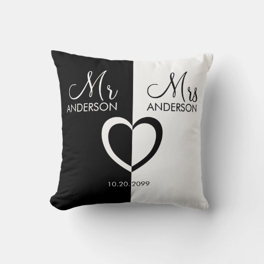 Coussin Noir blanc M. Mme nom mariage du coeur (Recto)