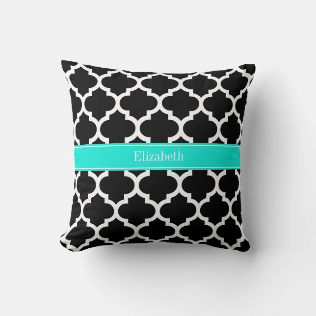 Coussin Noir Blanc Marocain #5 Brt Aqua Nom Monogramme (Recto)