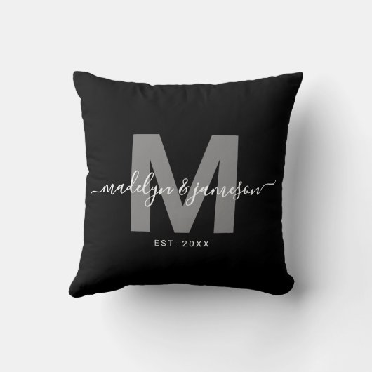 Coussin Noir Blanc Nouveau Couple Nom Monogramme (Verso)
